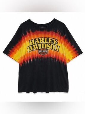 Harley-Davidson Black Tee with Orange and Yellow Tie-Dye